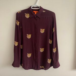 100% Silk Tiger Print Blouse - Joe Fresh, XS, Burgundy